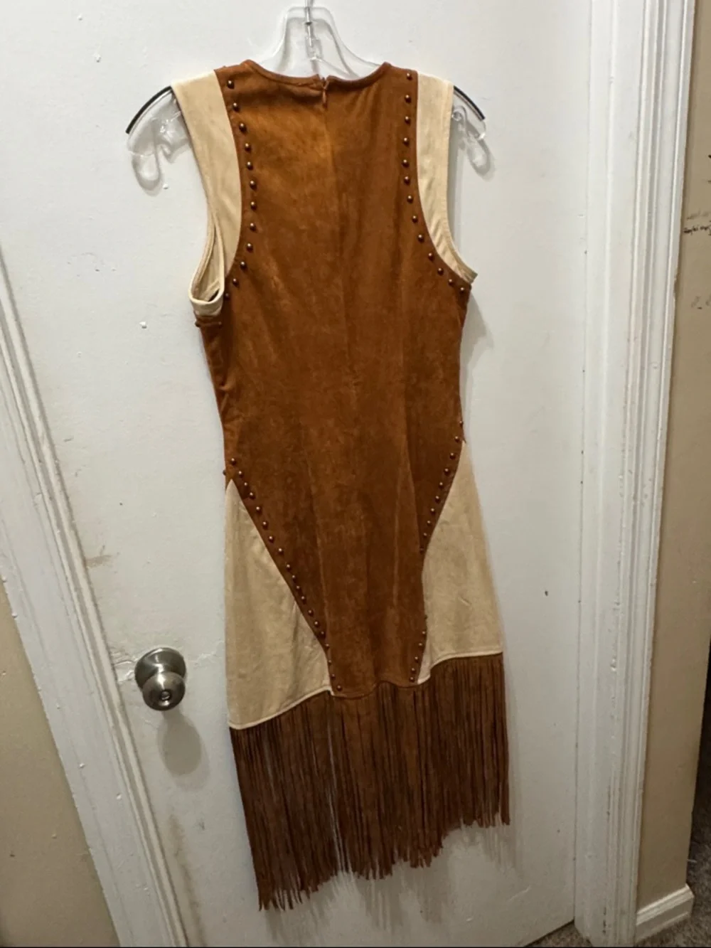 EUC Suede Fringe Sleeveless Dress in Brown and Cream - Picture 2 of 3